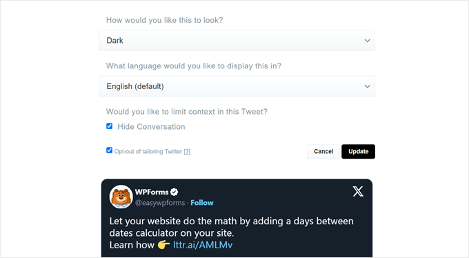 Customizing an embedded tweet made with Twitter Publish