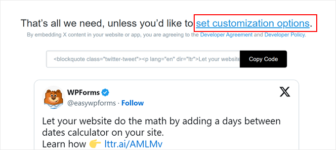 Clicking set customization options on Twitter Publish