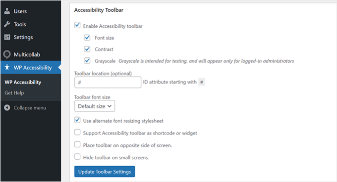 WP Accessibility toolbar settings