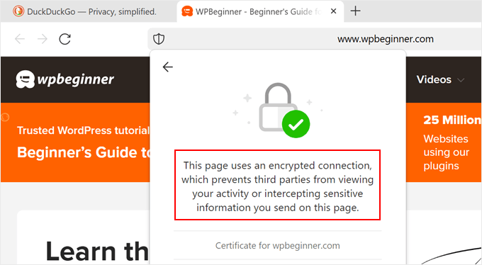 What a website with SSL looks like when accessed via DuckDuckGo browser