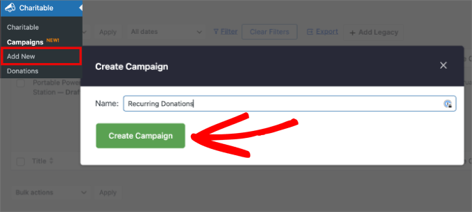 Create campaign in Charitable