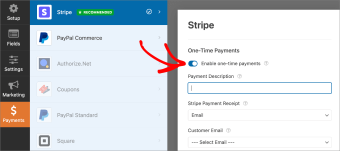 Enable one time payments WPForms