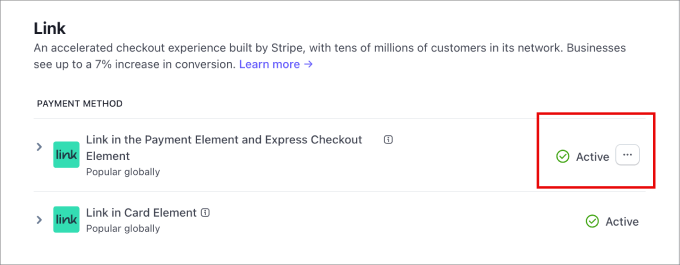 Stripe Link express checkout active