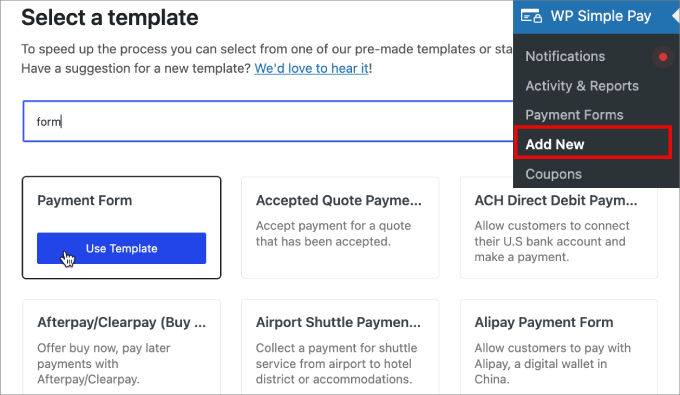 Use payment form template