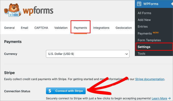 WPForms payments settings