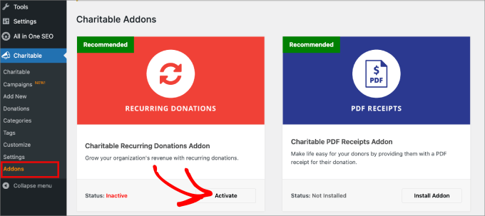 activate Charitable recurring donations addon