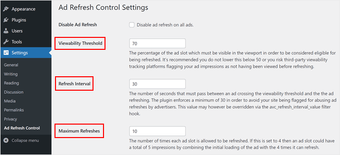 Ad Refresh Control's plugin settings