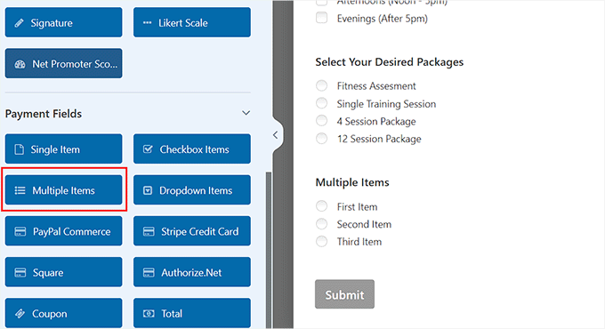 Add the multiple Items payment field