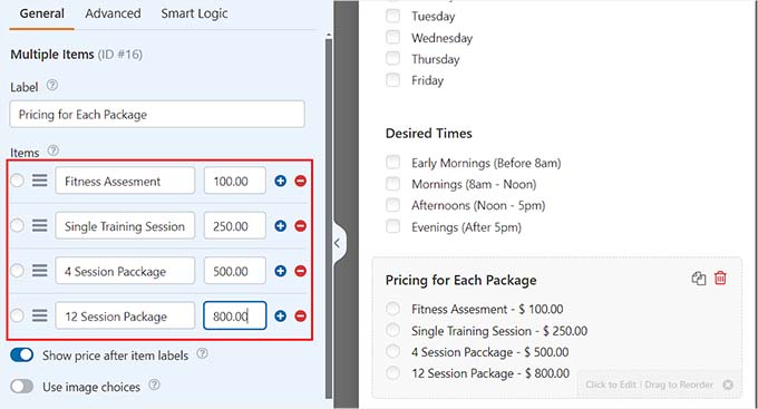 Add prices for each training session package