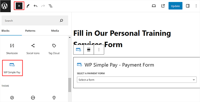 Add the WP Simple Pay block in the content editor