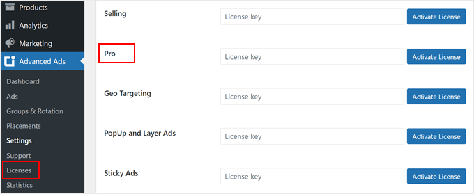 Activating Advanced Ads' license key