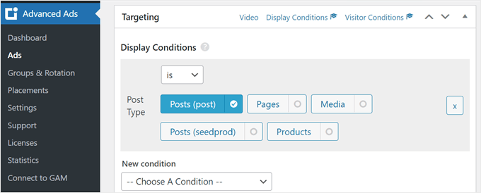 Advanced Ads' Display Conditions settings