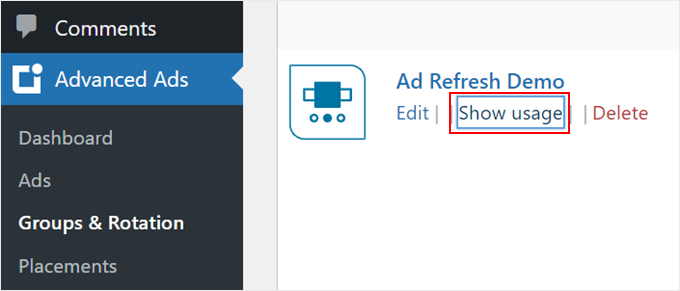 Clicking Show Usage in the Advanced Ads plugin page