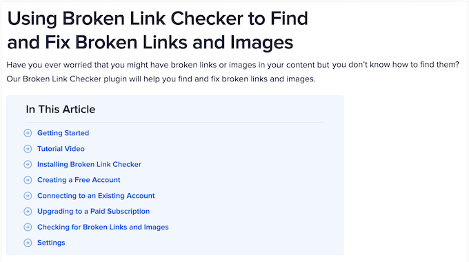 The AIOSEO Broken Link Checker online documentation 