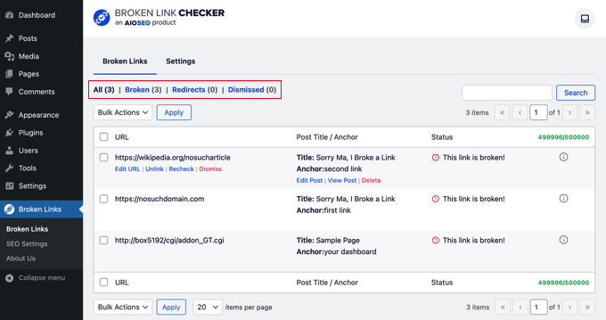 The AIOSEO Broken Link Checker dashboard