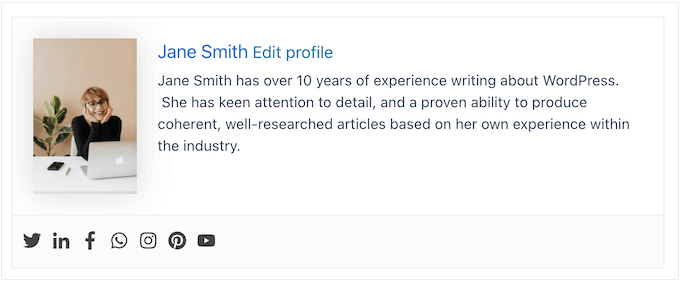 An example of an author bio, on a WordPress blog