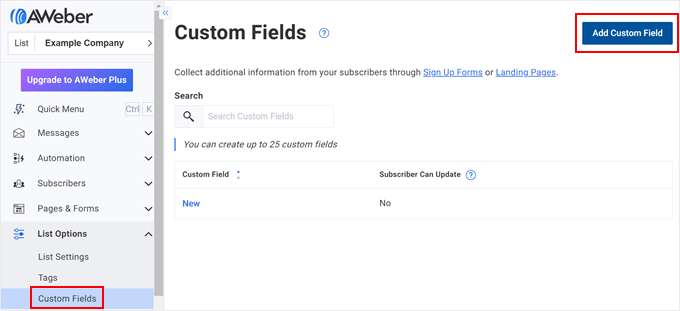 Adding a new custom field in AWeber