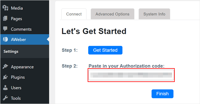 Pasting the verification code into AWeber plugin