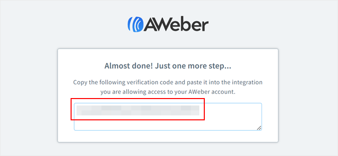 Copying the AWeber verification code for the AWeber plugin