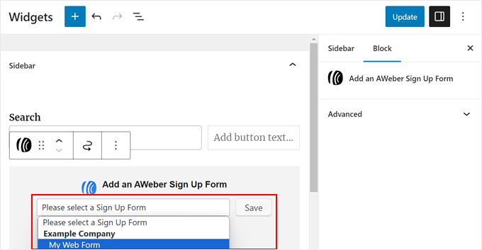 Selecting an AWeber form to add to the AWeber widget