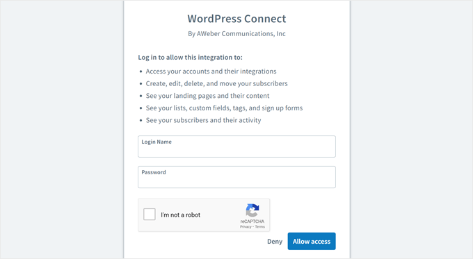 Entering AWeber credentials to connect WordPress with AWeber