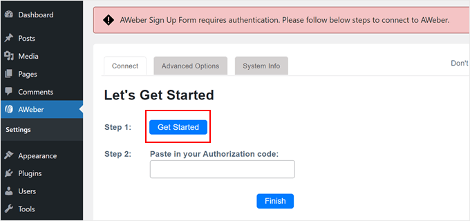 Clicking the Get Started button in the AWeber plugin page
