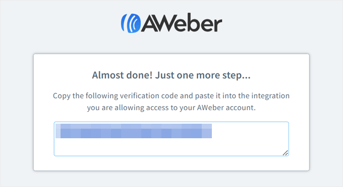 Copying the AWeber authorization code for WPForms