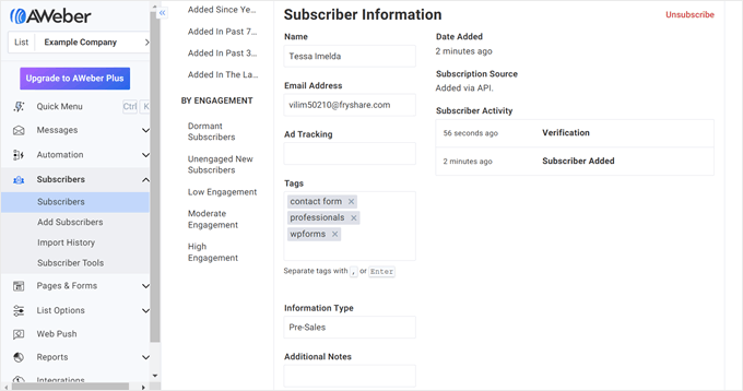 The test subscriber information received from WPForms seen in AWeber