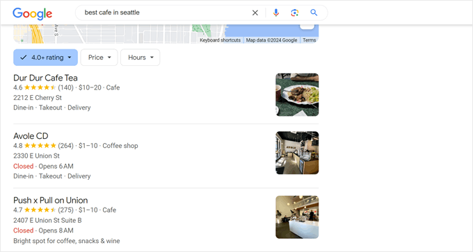 Example of Google listing the top-rated cafes in their SERPs