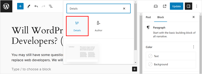 Inserting the Details block in the Gutenberg editor