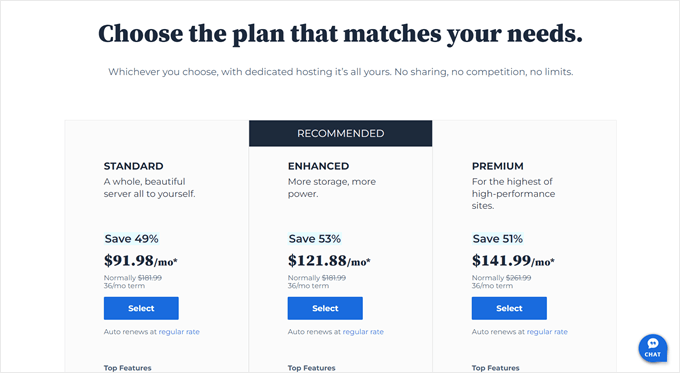 Bluehost's dedicated hosting plans