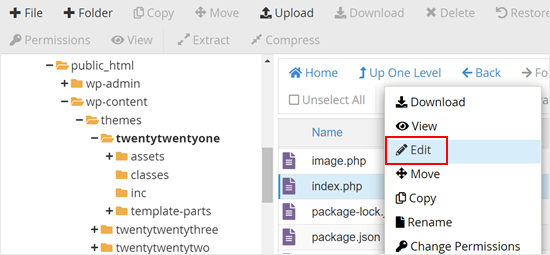 Opening the index.php file in Bluehost file manager