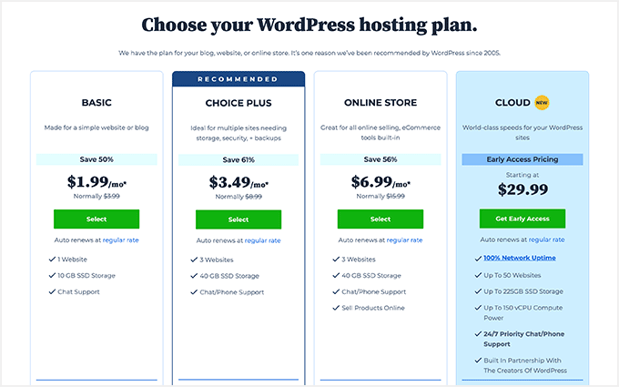 Choose a Bluehost hosting plan