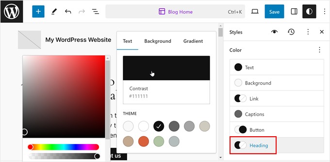 How to change the heading text color in the WordPress Full Site Editor