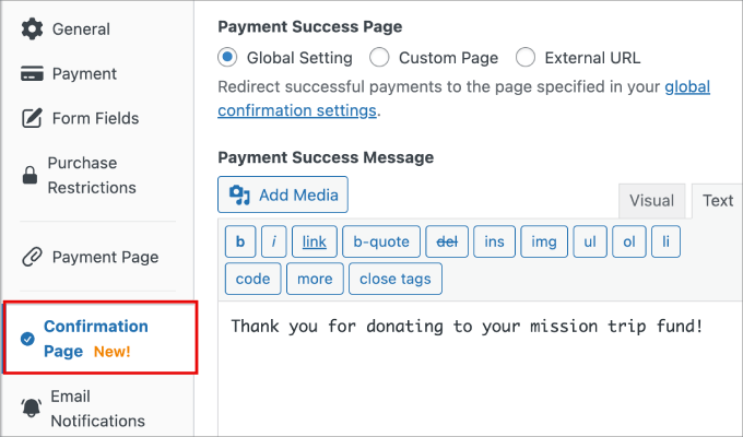confirmation page wp simple pay