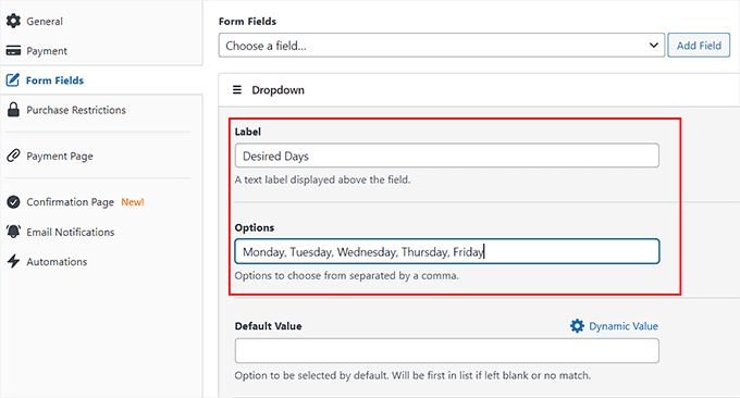 Create custom dropdown fields for trainer, days, and timing preference