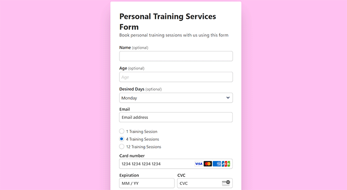 Preview of the custom training services form page