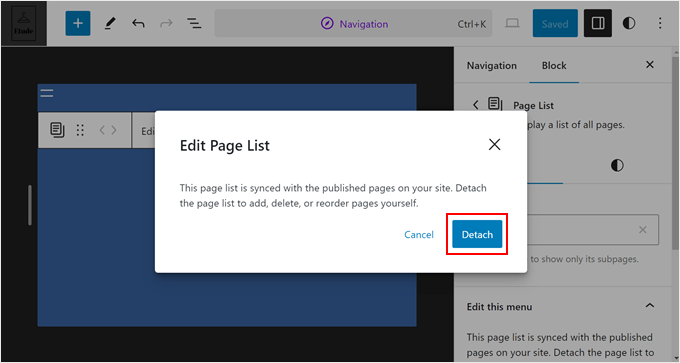 Detaching the page list block from the navigation menu in Full Site Editor