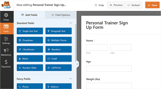 Add, rearrange, or delete form fields in the personal trainer sign up form
