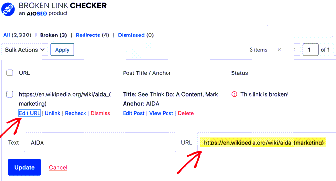 Fixing a 404 error using Broken Link Checker