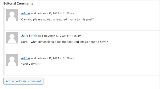An example of a comment thread, in the WordPress block editor