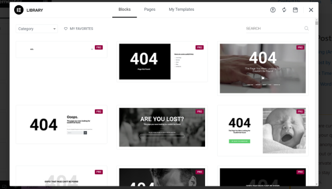Elementor's 404 page templates