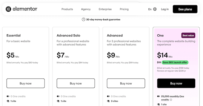 Elementor's pricing and plans