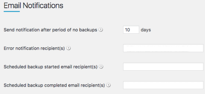 Setting up email notifications for your database or file backups