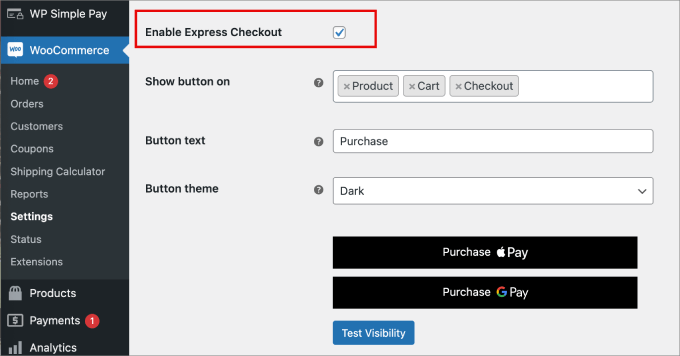 enable express checkout in woocommerce