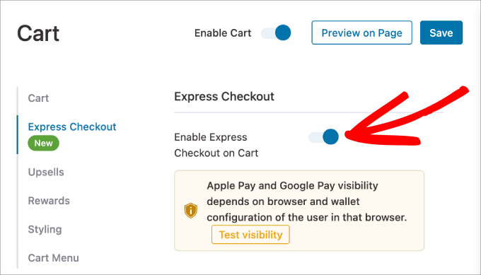 enable express checkout on cart