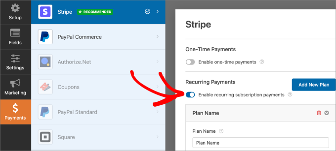 enable recurring subscriptions in WPForms