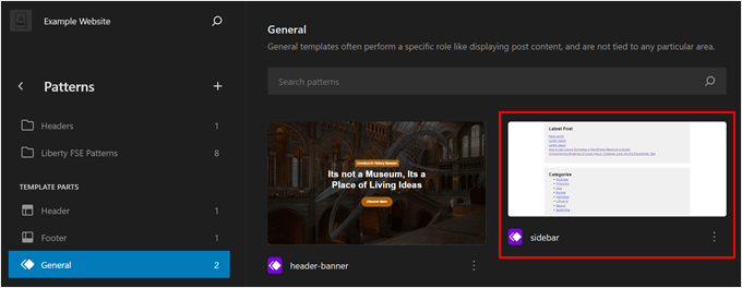 Selecting the sidebar template part in Full Site Editor