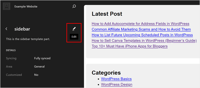 Editing the sidebar template part in Full Site Editor
