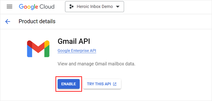 Enabling the Gmail API in the console website